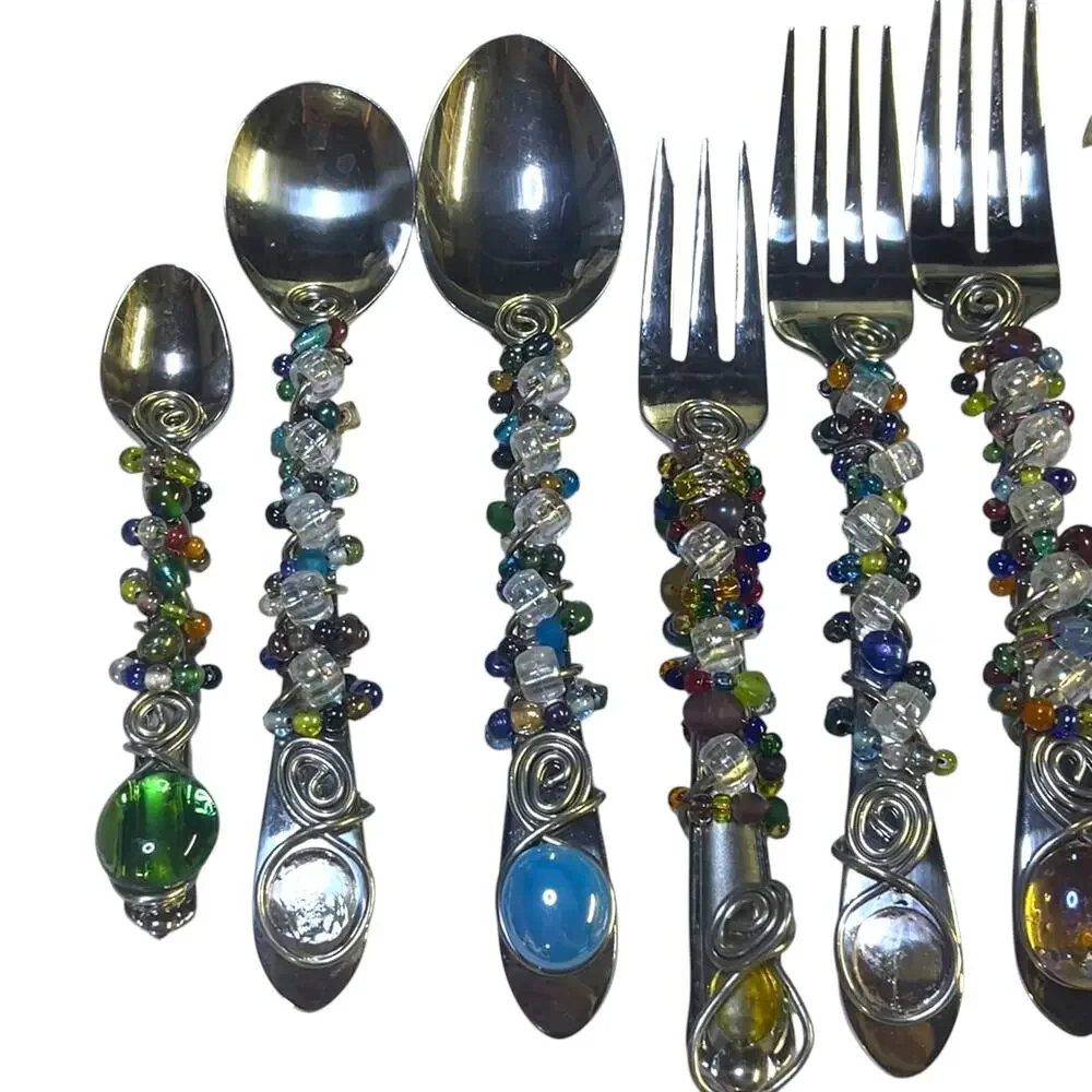 9 Pc Artisan Beaded Flatware Set Wire Wrapped Spoons Forks Knife